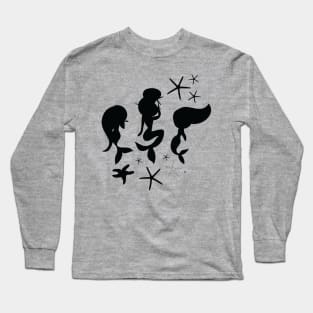 White on Black Mermaid Stars Silhouette  Seamless Pattern Print Design Long Sleeve T-Shirt